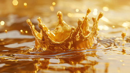This stunning image captures a crown-shaped splash in golden liquid, surrounded by sparkling bokeh. Perfect for luxury, celebration, and beauty themes.の素材