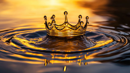 A mesmerizing crown-shaped splash of water captures the golden reflections of sunset. This stunning image represents beauty, tranquility, and dynamic motion in nature.の素材