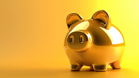 A shiny golden piggy bank stands prominently against a bright yellow backdrop, symbolizing savings, wealth, and financial security in a playful yet elegant manner.の素材