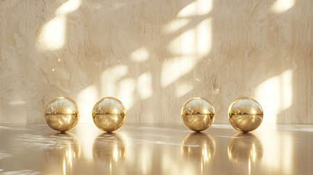 This image features elegant golden spheres placed on a reflective floor, illuminated by soft light. The minimalistic design emphasizes luxury and tranquility, making it ideal for modern decor themes.の素材