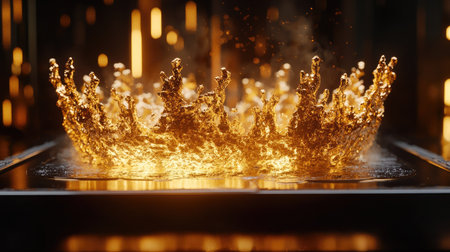 A stunning representation of a golden splash creating an artistic crown effect, illuminated by soft studio lighting, showcasing motion and elegance.の素材