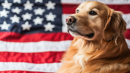 This heartwarming portrait features a golden retriever dog posing proudly against a vibrant American flag, capturing a sense of loyalty and patriotism.の素材