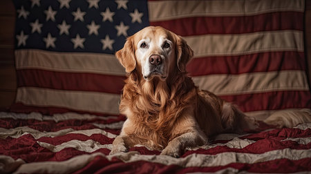 This heartwarming image features a golden retriever lounging on a vintage American flag in a cozy studio setting, showcasing its friendly and loyal nature.の素材