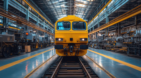 A vibrant yellow train positioned in a spacious industrial warehouse, showcasing modern machinery and engineering design within the manufacturing environment.の素材