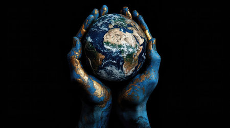 Artistic representation of hands holding the Earth, featuring blue and gold paint. The image symbolizes care for the planet amid a dark backdrop, conveying unity and responsibility.の素材
