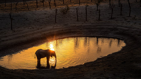 A majestic elephant stands in a waterhole at sunset, creating a stunning silhouette against the warm, glowing hues of the sky, emphasizing the beauty of nature.の素材