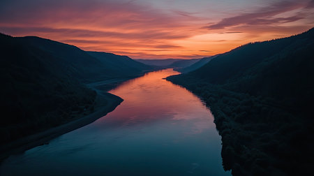Experience the tranquility of a stunning sunset over a calm river, flanked by majestic mountains and a colorful sky, creating a breathtaking landscape.の素材