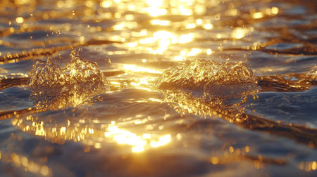 A close-up view of a beautiful water surface at sunset, capturing shimmering reflections and splashes, creating a serene and tranquil atmosphere perfect for nature-themed projects.の素材