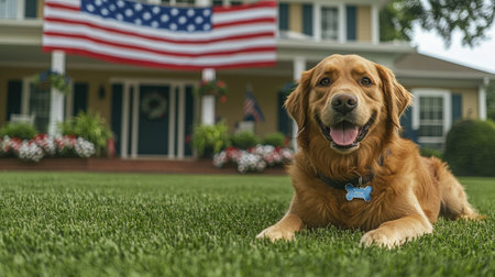 A cheerful golden retriever lies gracefully on a lush green lawn, with an American flag waving in the background. Perfect for pet lovers and home decor themes.の素材