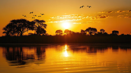 Enjoy a serene sunset over tranquil water, showcasing silhouetted trees and birds in flight. This peaceful landscape captures the essence of nature's beauty.の素材