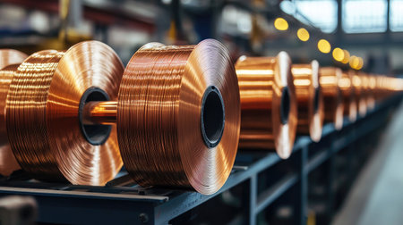 Image shows multiple rolls of gleaming copper wire neatly arranged in an industrial workshop. The setup highlights the organized nature of manufacturing processes in metal production.の素材