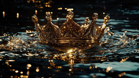 A stunning golden crown splashes on a tranquil water surface, creating mesmerizing droplets and sparkling reflections, embodying beauty and luxury.の素材