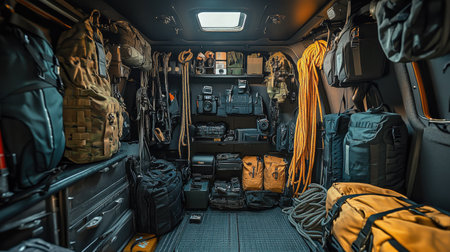 Sleek interior of a vehicle showcasing organized outdoor gear including backpacks, ropes, cameras, and tools, perfect for adventurers and explorers.の素材