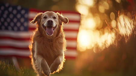 A joyful golden retriever runs toward the camera with an American flag backdrop during a sunset, capturing the essence of happiness and freedom in nature.の素材