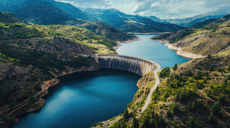 A breathtaking aerial view of a majestic dam nestled within lush green mountains, showcasing reflective waters under a bright sky, an ideal scene for nature lovers.の素材