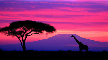 An elegant giraffe stands silhouetted against a vibrant sunset, featuring a striking mountain in the background. The scene captures the serene beauty of the African landscape.の素材