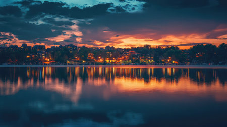 A serene sunset casts vibrant colors over a calm water body, reflecting the glowing city lights. This peaceful scene captures the essence of tranquility and beauty in nature.の素材