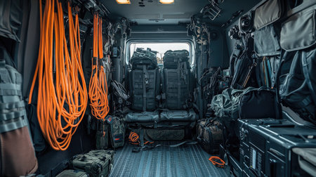 Explore the interior of a tactical vehicle designed for emergency operations, featuring organized gear, durable materials, and critical supplies for effective response and transport.の素材