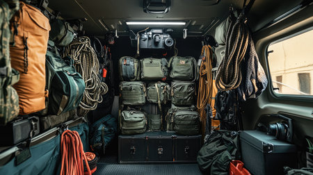 Explore the interior of a rugged vehicle filled with tactical gear and equipment perfect for outdoor adventures. The organized layout highlights essential tools and supplies.の素材