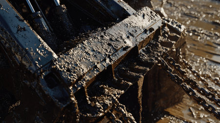 A close-up view of heavy machinery submerged in wet mud and dirt, showcasing the rugged textures and the challenging conditions of construction work outdoors.の素材