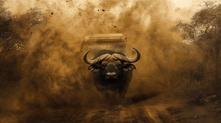 A powerful African buffalo charges through a cloud of dust in a dramatic landscape. The scene captures the raw beauty and fierce nature of wildlife in its element.の素材