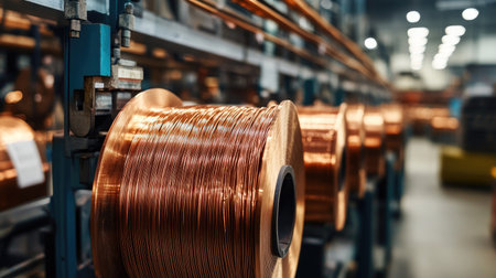 A detailed view of copper wire spools arranged in an industrial factory setting. The workspace showcases machinery and bright lighting, emphasizing production and metalworking craftsmanship.の素材
