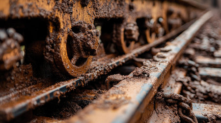 A close-up image showcasing rusty train tracks covered in layers of dirt and grime. The detailed texture and weathered metal evoke a sense of decay and industrial heritage.の素材