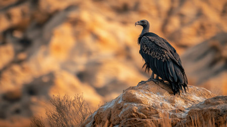 A majestic vulture sits gracefully on a rock, observing its surrounding desert landscape. The earthy tones of the environment create a serene atmosphere perfect for wildlife photography.の素材