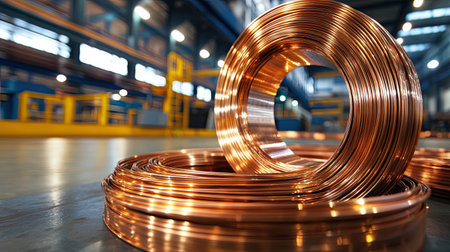 Close-up view of a copper wire coil in a large industrial warehouse setting, showcasing the intricate shine and smooth finish of the material. Perfect for manufacturing or engineering themes.の素材