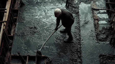 A construction worker is seen pouring concrete at a job site, showcasing the hard work and skill involved in building structures. The image captures the manual labor and dedication in urban construction projects.の素材