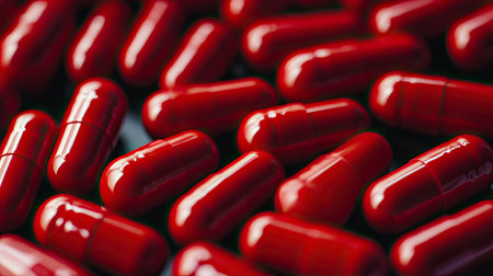 This image features a dense array of red capsules, showcasing their glossy surface and streamlined shape, ideal for health and pharmaceutical themes.の素材