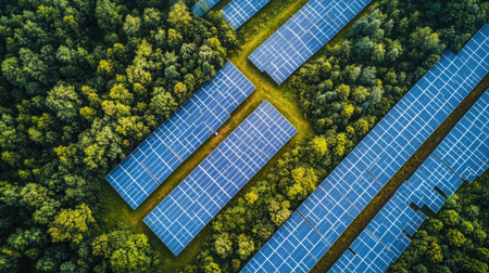 This aerial photograph showcases a modern solar panel installation nestled among a vibrant green forest, highlighting the harmony between renewable energy and nature.の素材