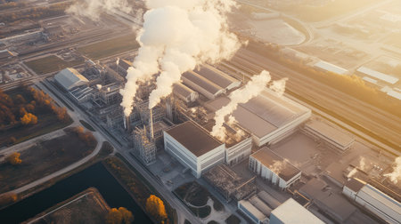 An aerial view showcases an industrial plant at sunset, with smoke billowing from its structures. This image highlights the complexities of manufacturing and environmental impact.の素材