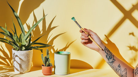 A vibrant scene featuring a hand holding a paint brush, a can of green paint, and potted plants against a bright yellow backdrop, capturing creativity and artistry.の素材