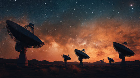Majestic satellite dishes stand silhouetted against a vast starry sky at sunset, evoking wonder and curiosity about the universe in a serene desert landscape.の素材