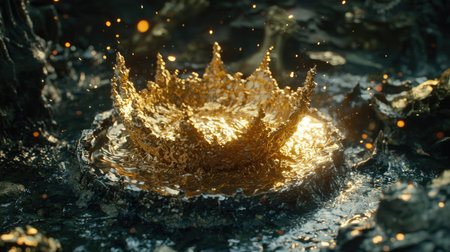 Captivating golden crown splash effect in dark water creates an enchanting visual scene. The shimmering surface highlights fluid dynamics and elegance.の素材