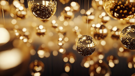 This image features golden decorative balls with bubbles, hanging elegantly in a soft-focused background, creating a festive and luxurious atmosphere perfect for celebrations.の素材