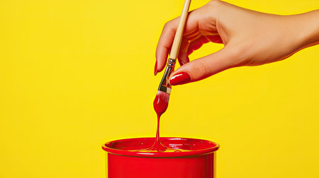 A close-up view of a hand holding a paintbrush dipped in vibrant red paint, creating an artistic scene against a bright yellow background, showcasing creativity.の素材