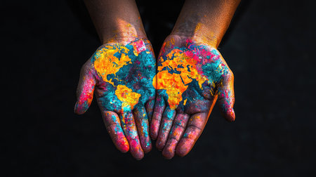 Vibrant hands showcase a painted world map, symbolizing creativity and diversity. The colorful display highlights artistry and human connection to the globe.の素材