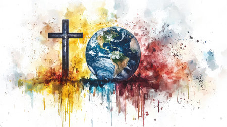 This vibrant watercolor artwork features a cross symbolizing faith alongside a beautiful Earth, reflecting harmony and spirituality in an abstract style.の素材