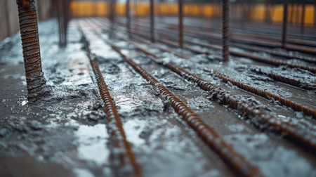 A close-up view of a construction site featuring wet concrete and exposed steel reinforcement bars. This image captures the textures and processes involved in building construction.の素材