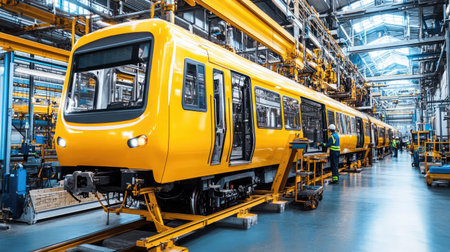 A vibrant yellow train being assembled in a cutting-edge industrial facility, showcasing modern manufacturing techniques and bustling activity, emphasizing innovation.の素材