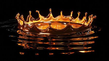 A captivating golden crown floats on a dark water surface, creating stunning reflections and ripples that evoke a sense of luxury and elegance.の素材