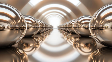 A mesmerizing composition of reflective spheres aligned in a luminous tunnel. The sleek metallic surface enhances the elegance and depth of the scene.の素材