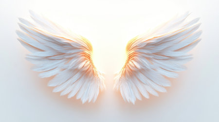 Beautiful white angel wings crafted from soft feathers radiate light against a gentle background, evoking a sense of peace, grace, and spirituality.の素材