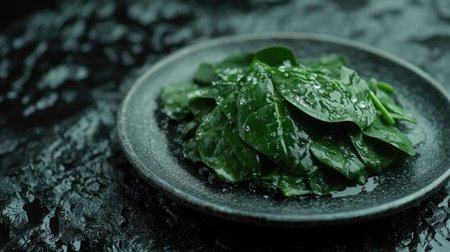 Fresh spinach leaves glisten with water droplets on a dark, textured plate. This vibrant display highlights healthy eating and adds appeal to culinary creations.の素材