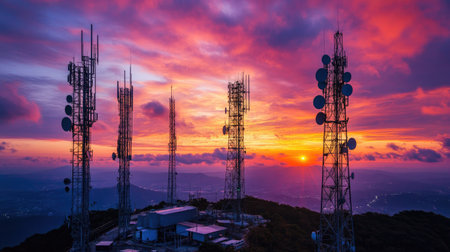 Breathtaking sunset view over communication towers on a mountain top, with vibrant colors in the sky. The scene captures the essence of modern technology in harmony with nature.の素材