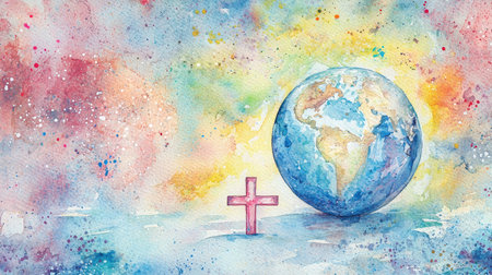 A vibrant watercolor painting depicting a globe and a cross, symbolizing unity, faith, and connection. The colorful backdrop creates a serene and inspiring atmosphere.の素材