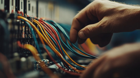 A detailed close-up of a hand adjusting colorful wires in electronic equipment, showcasing the intricate work involved in maintaining and repairing technology systems.の素材