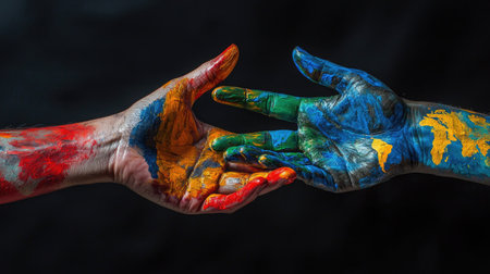 Two hands adorned with vibrant paint colors reach toward each other, symbolizing unity and diversity. This artistic representation captures the essence of connection and collaboration.の素材